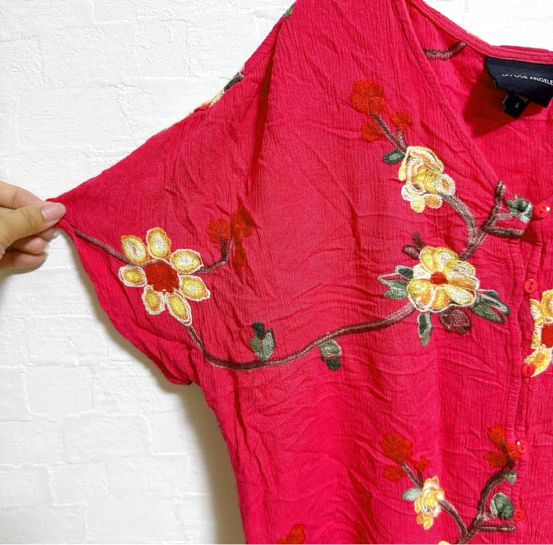 LIV Los Angeles Floral Embroidery Short Sleeve Shirt S Size