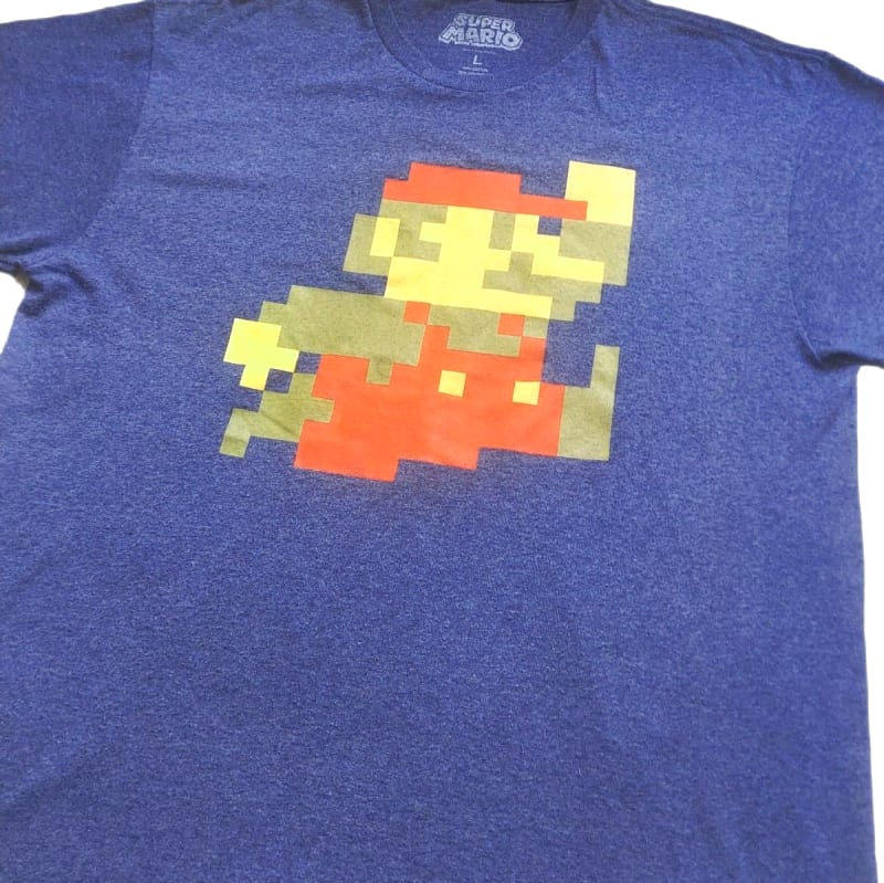 Super Mario T-Shirt L Navy Gray Pixel Art
