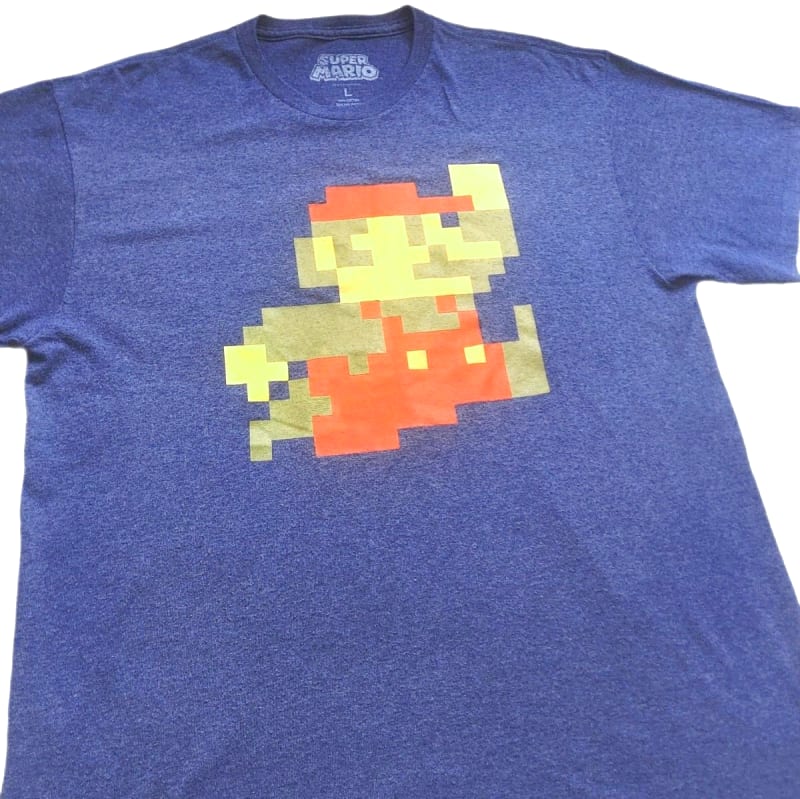 Super Mario T-Shirt L Navy Gray Pixel Art