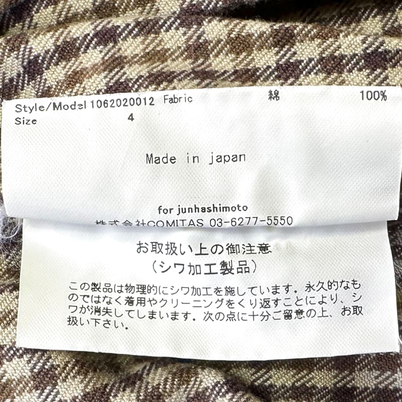 Junhashimoto Wrinkle Check Hook Shirts Size 4