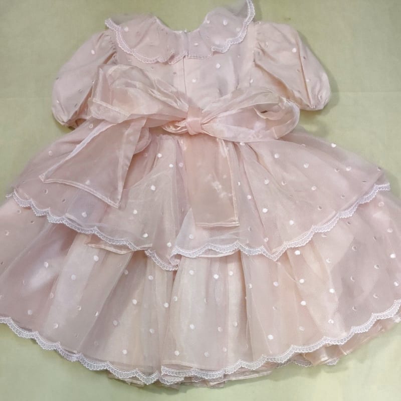 Pink Polka Dot Kids Dress with Puff Sleeves 130