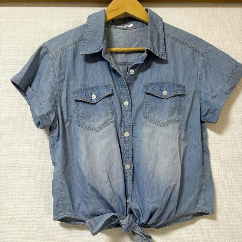 Denim Shirt Front Tie Short Sleeve Casual Blue Women's