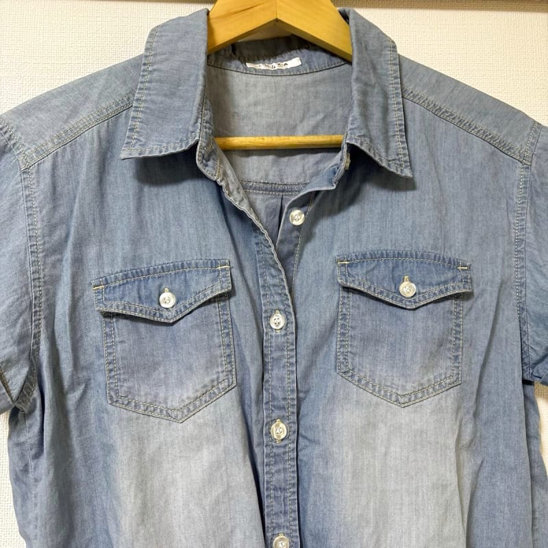 Denim Shirt Front Tie Short Sleeve Casual Blue Women's