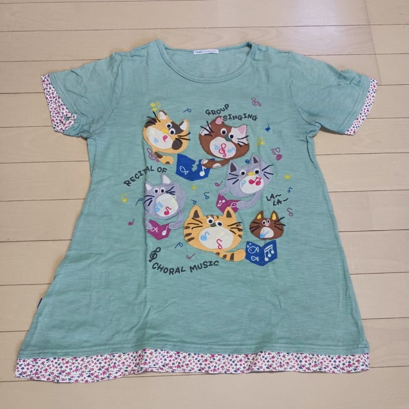 Cat Pattern T-Shirt Music Design Green Short Sleeve