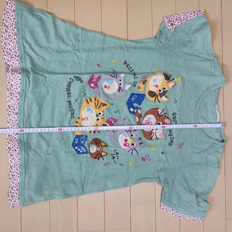 Cat Pattern T-Shirt Music Design Green Short Sleeve
