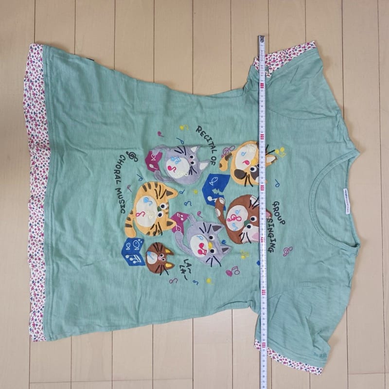 Cat Pattern T-Shirt Music Design Green Short Sleeve