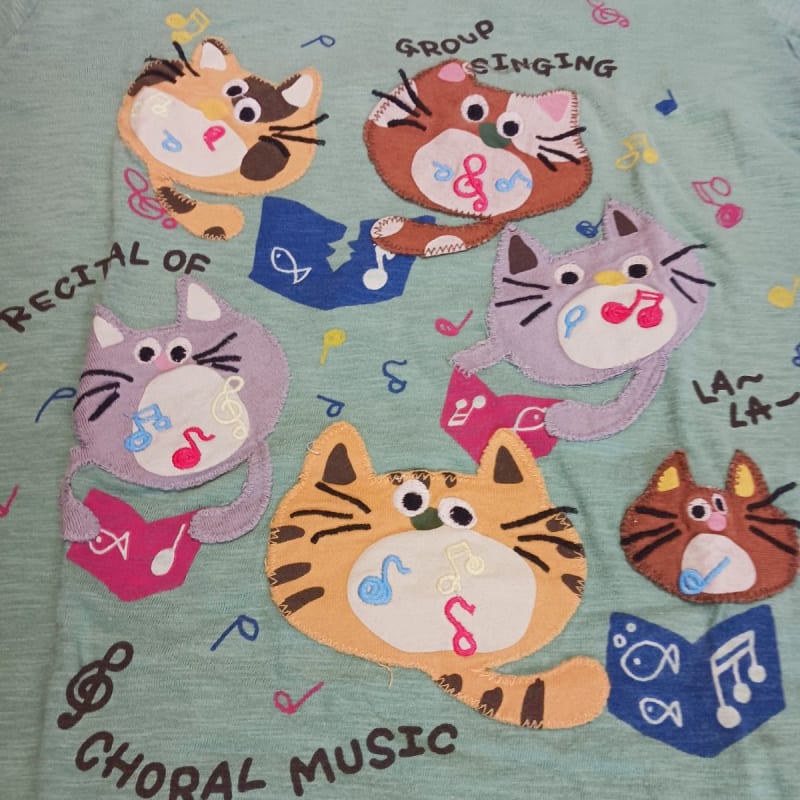 Cat Pattern T-Shirt Music Design Green Short Sleeve