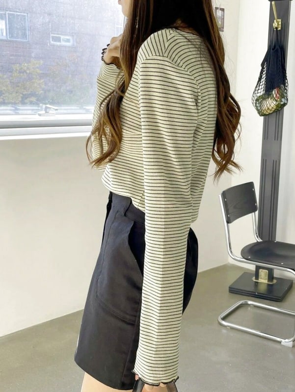 Striped Letter Trim T-Shirt Cool Neck Long Sleeve Spring Summer Women's