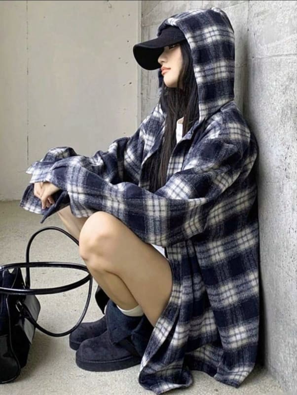 Check Pattern Hooded Shirt Jacket Oversized Casual