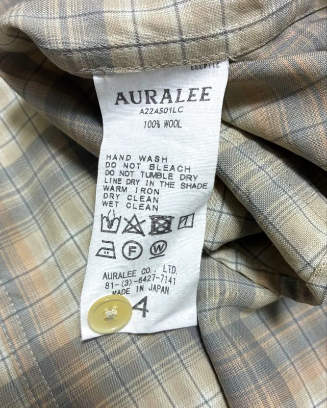 AURALEE Super Light Wool Check Shirts Size 4
