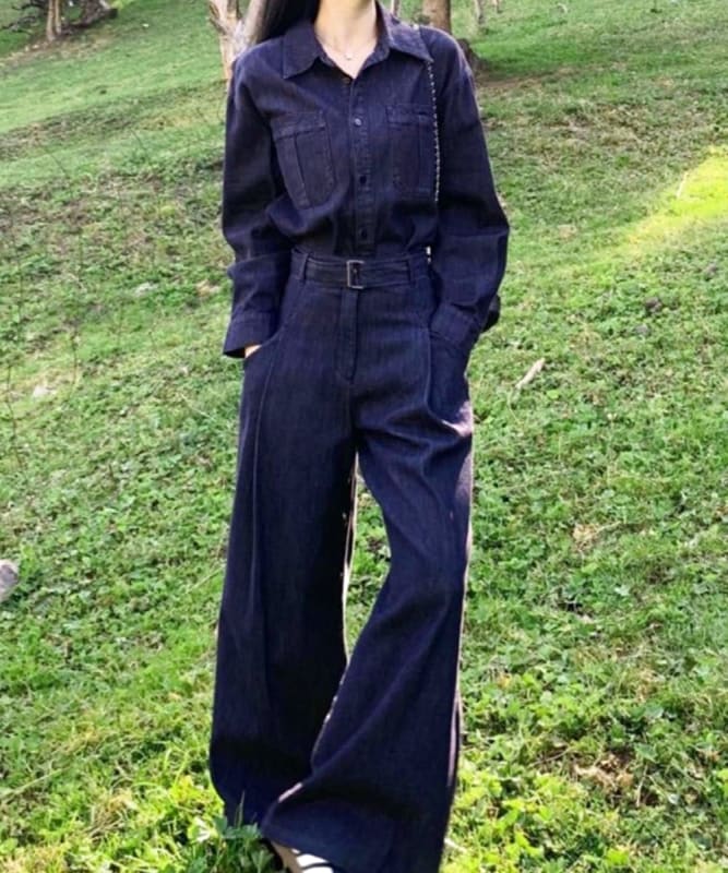 Denim Shirt and Pants Set with Belt Navy Size L
