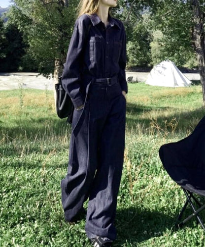 Denim Shirt and Pants Set with Belt Navy Size L
