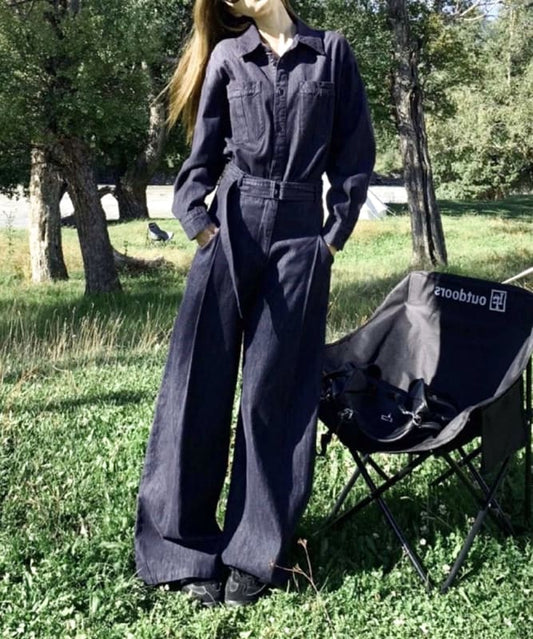 Denim Shirt and Pants Set with Belt Navy Size L
