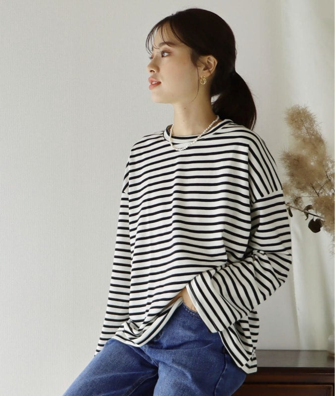 BLUEEAST Border & Solid Cut and Sew Long Sleeve T-Shirt