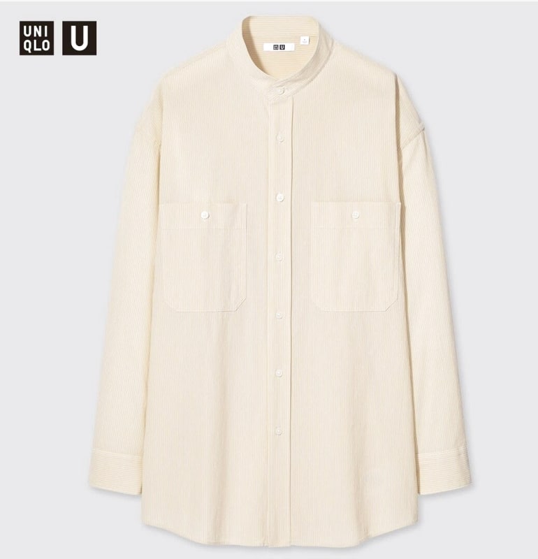 Uniqlo U Wide Fit Stand Collar Stripe Shirt M Natural
