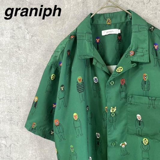 Graniph Mask Man Pattern Shirt Open Collar Size S
