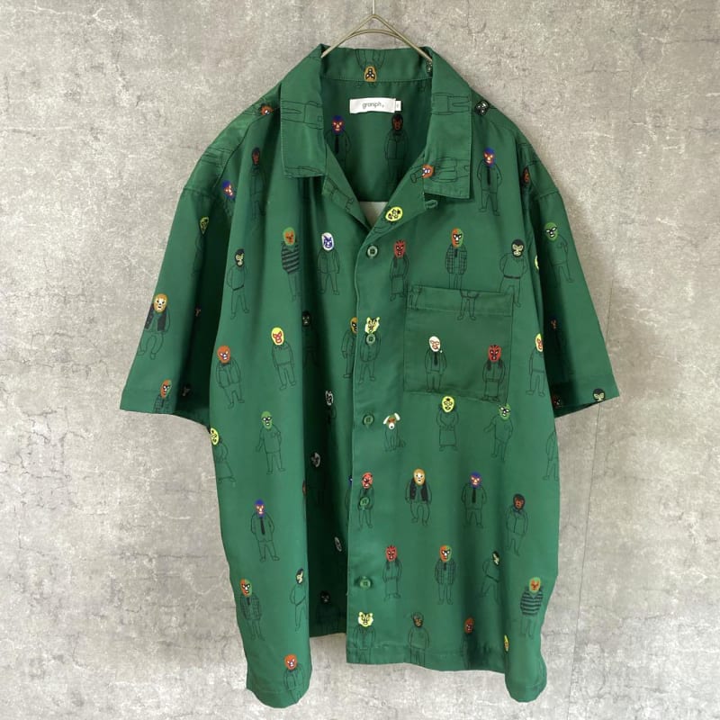 Graniph Mask Man Pattern Shirt Open Collar Size S