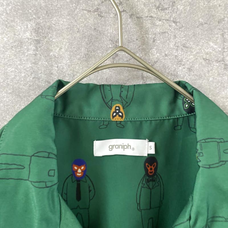 Graniph Mask Man Pattern Shirt Open Collar Size S