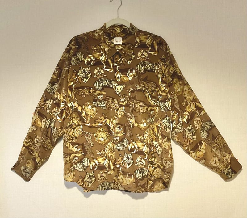 Papas Retro Vintage Animal Pattern Rayon Long Sleeve Shirt M
