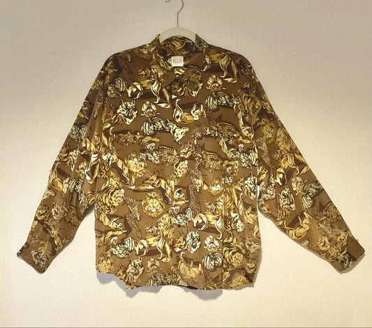Papas Retro Vintage Animal Pattern Rayon Long Sleeve Shirt M