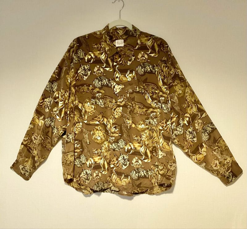 Papas Retro Vintage Animal Pattern Rayon Long Sleeve Shirt M