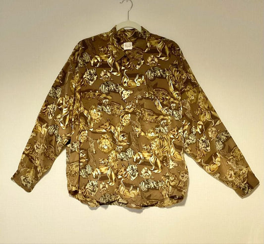 Papas Retro Vintage Animal Pattern Rayon Long Sleeve Shirt M