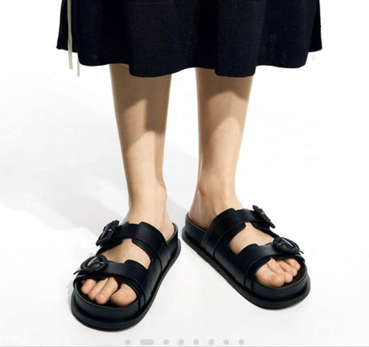 Charles & Keith Double Buckle Slide Sandals Black
