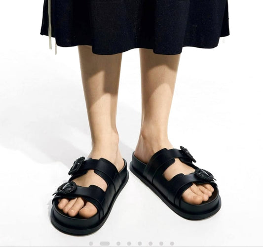 Charles & Keith Double Buckle Slide Sandals Black