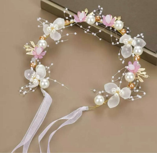 Floral Pearl Headband Hair Accessory Ribbon Princess