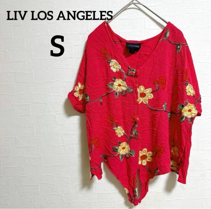 LIV Los Angeles Floral Embroidery Short Sleeve Shirt S Size