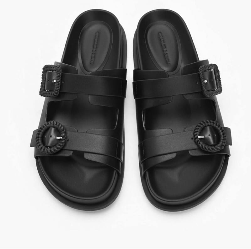 Charles & Keith Double Buckle Slide Sandals Black