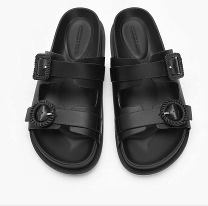 Charles & Keith Double Buckle Slide Sandals Black