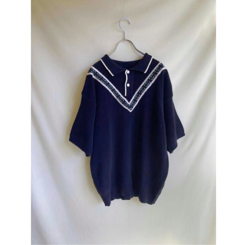 80s Vintage Knit Polo Shirt Navy