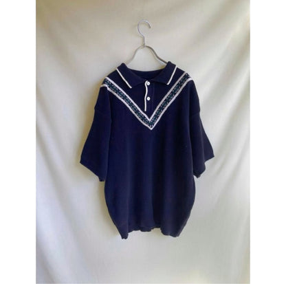 80s Vintage Knit Polo Shirt Navy
