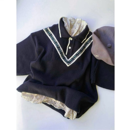 80s Vintage Knit Polo Shirt Navy