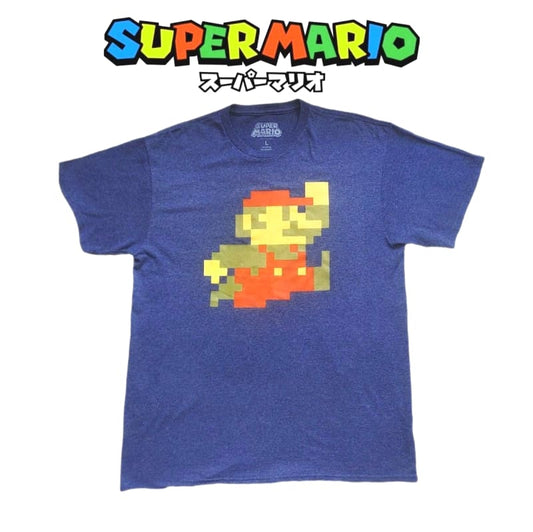 Super Mario T-Shirt L Navy Gray Pixel Art