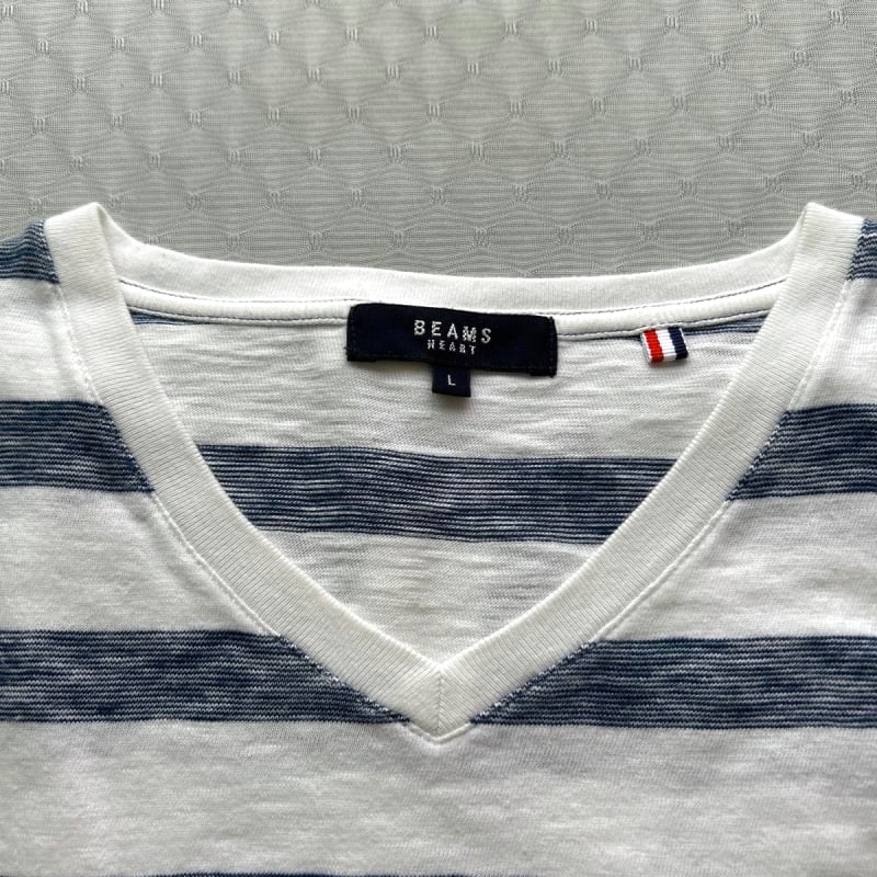 BEAMS HEART Striped V-Neck T-Shirt L White X Navy