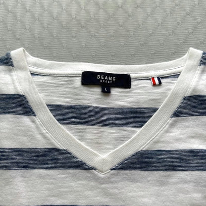 BEAMS HEART Striped V-Neck T-Shirt L White X Navy