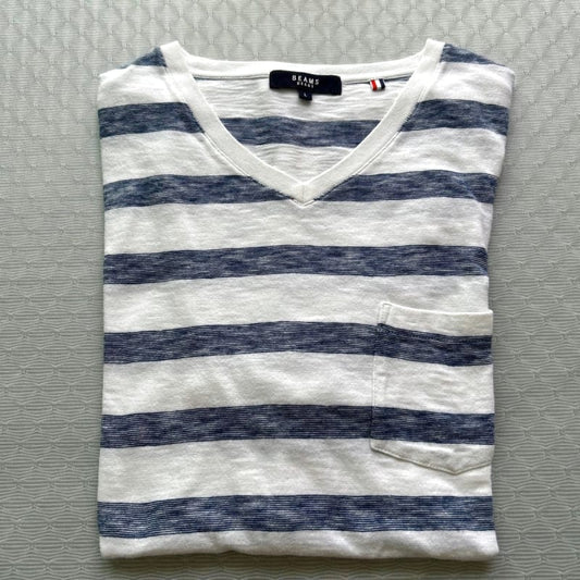 BEAMS HEART Striped V-Neck T-Shirt L White X Navy