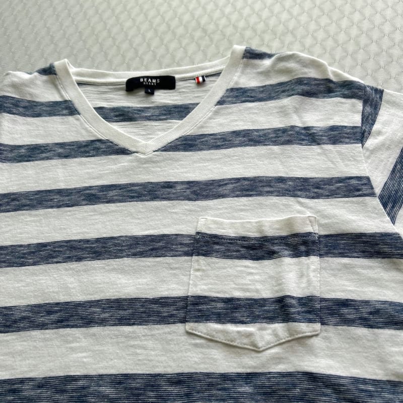 BEAMS HEART Striped V-Neck T-Shirt L White X Navy