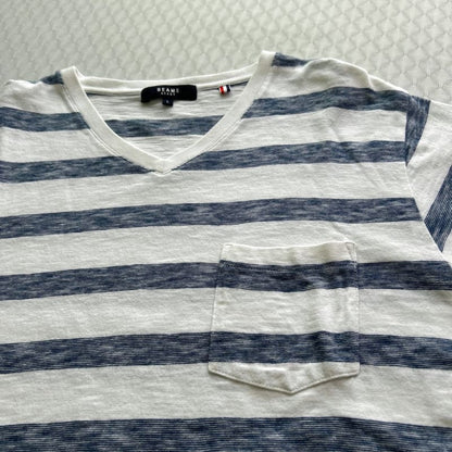 BEAMS HEART Striped V-Neck T-Shirt L White X Navy