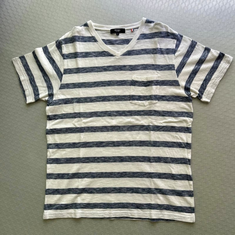 BEAMS HEART Striped V-Neck T-Shirt L White X Navy