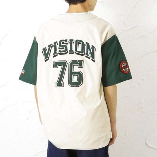 Baseball Shirt Style Top Beige and Green