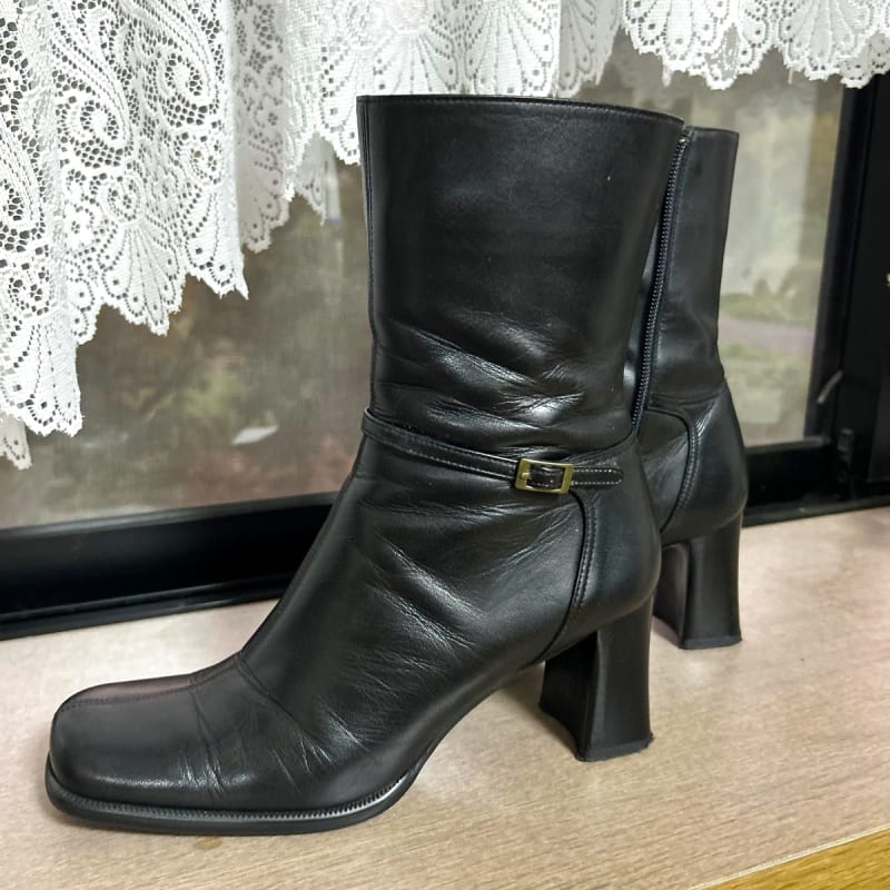 Ing Leather Short Boots Black Square Toe Thick Heel Side Zip