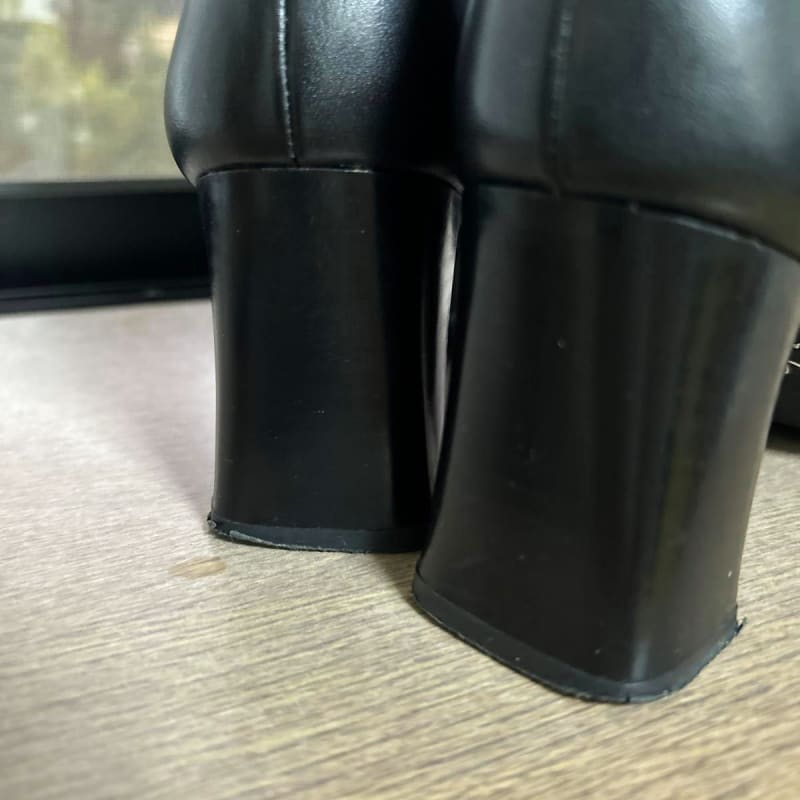 Ing Leather Short Boots Black Square Toe Thick Heel Side Zip