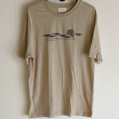Beige T-Shirt with Japanese Pattern Print Men's L Size