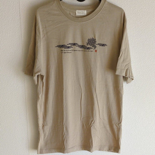 Beige T-Shirt with Japanese Pattern Print Men's L Size