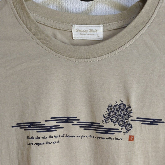 Beige T-Shirt with Japanese Pattern Print Men's L Size