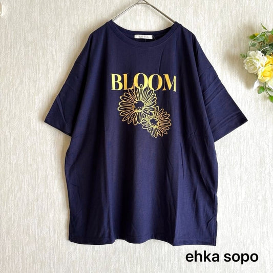 Ehka Sopo Flower Motif T-Shirt Navy Free Size