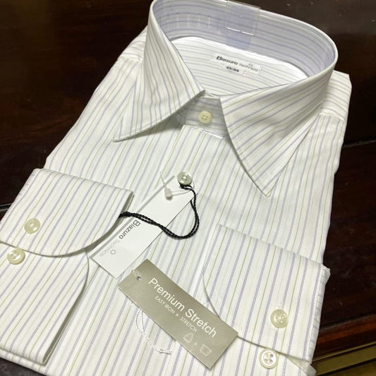 Biazuro Technico Shape-Stable Dress Shirt LL White/Teal Stripes New